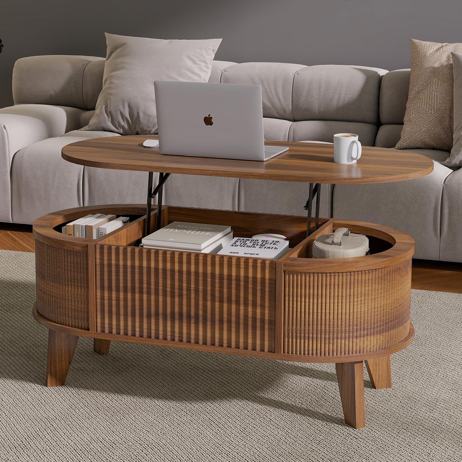 LYNCOHOME Fluted Lift Top 38.6 Inches X 18.9 X 17 Inches, Walnut