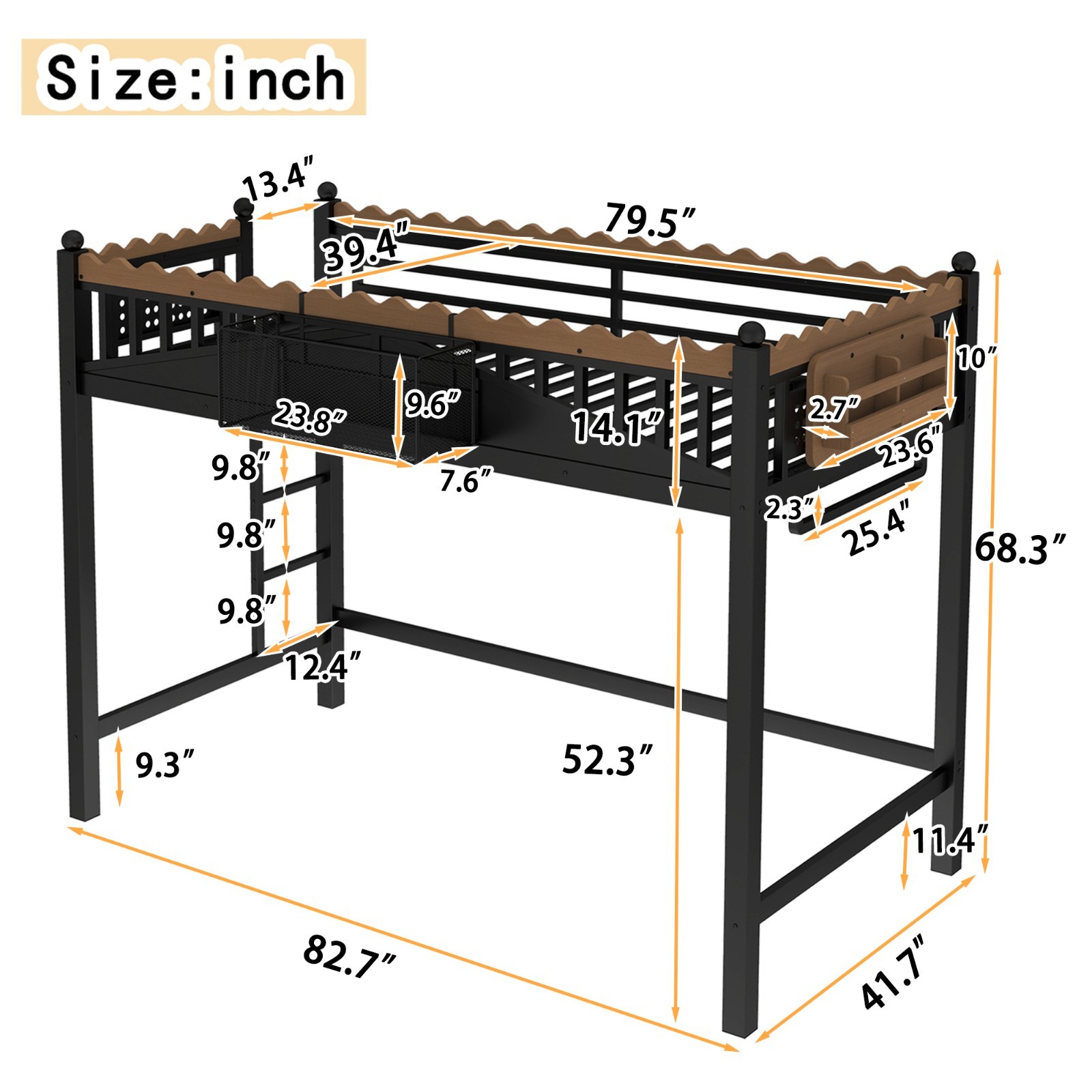 Twin XL Size Metal Loft Bed with Ladders, Storage Shelves and Bookshelf Black