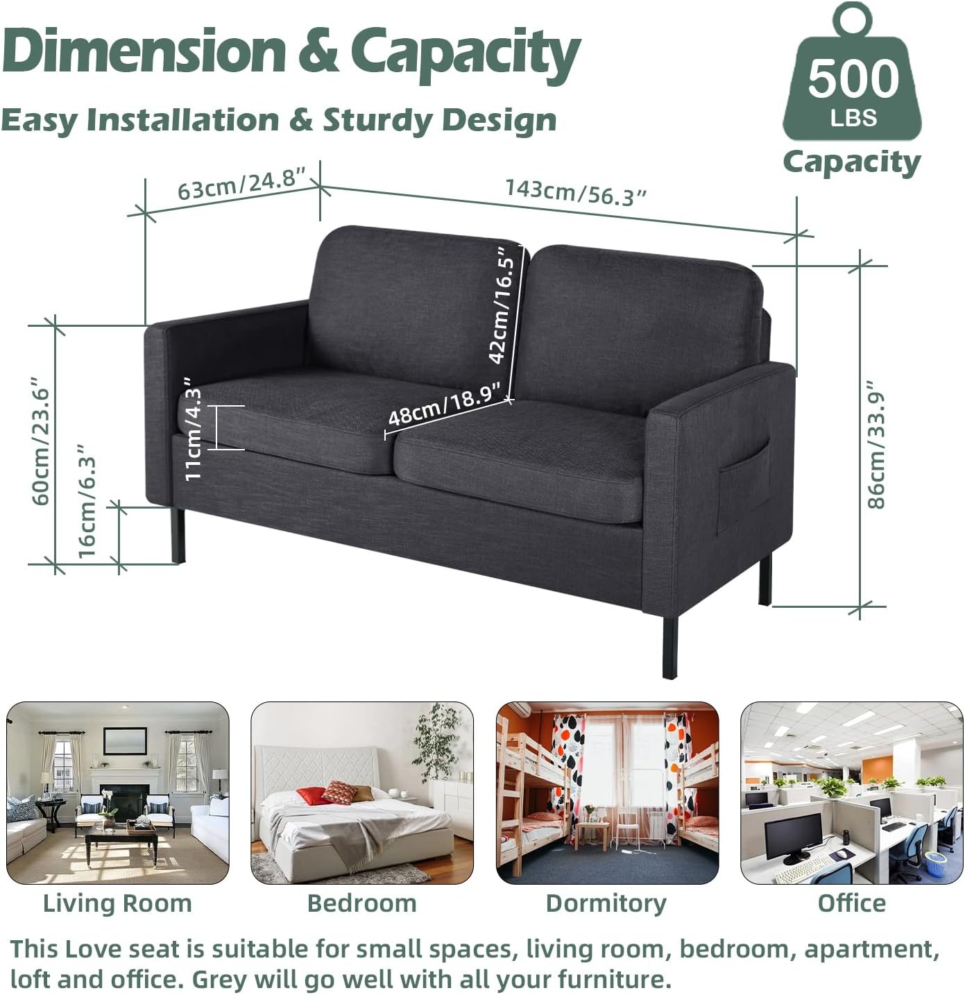 56″ W Fabric Loveseat Sofa with 2 USB, Small Couches for Living